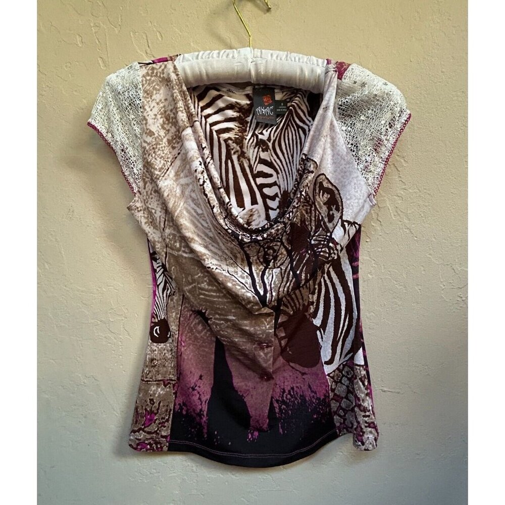 Anac Designed by Kimi Cap Sleeve Mixed Media Drape Neck Top Small Animal Print